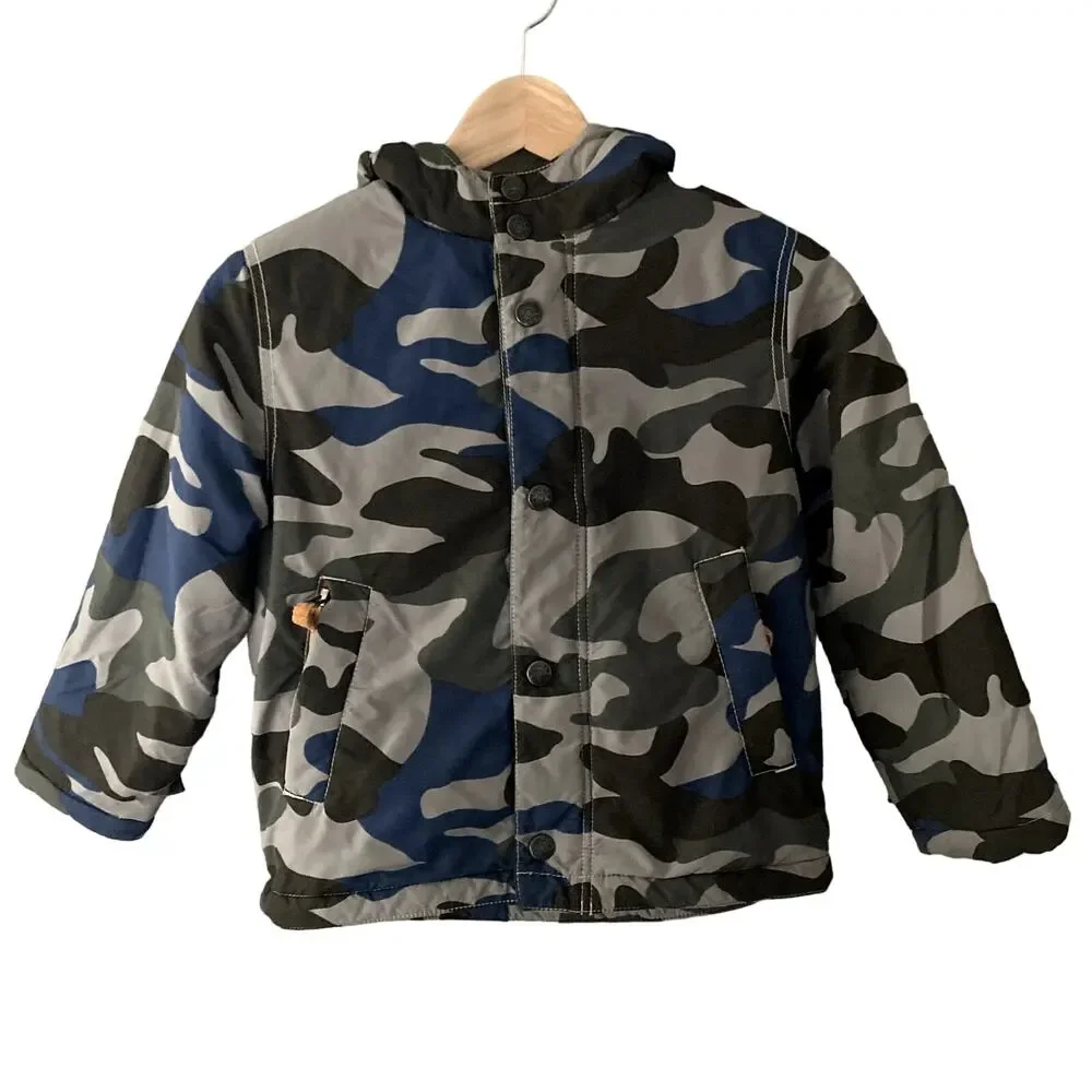 Mini Boden Camo Winter Jacket - Fleece Lined - Gray Blue Green - 5-6
